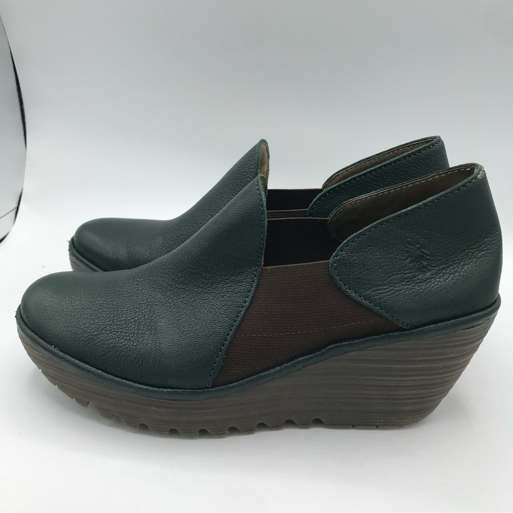 Fly London Shoes YUA Women's 39 US 8-8.5 Platform Wedges Green Leather Bootie - Picture 3 of 15